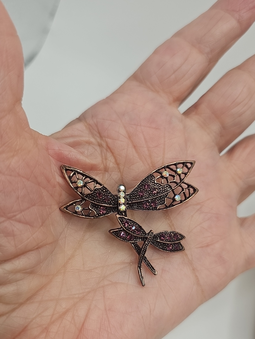 Crystal Double Dragonfly Brooch - Pink and Gold Accent